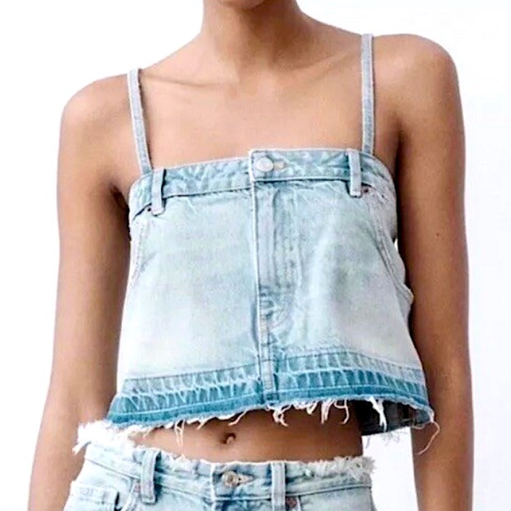 Zara Denim Distressed Blue Crop Top - NWT, size L